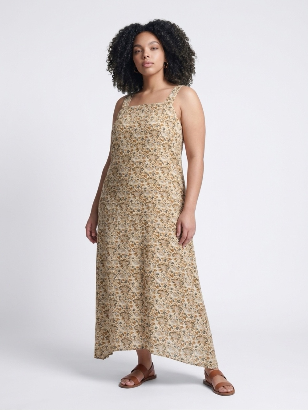 J. Jill Floral Square-Neck Maxi Dress in Beige and Brown